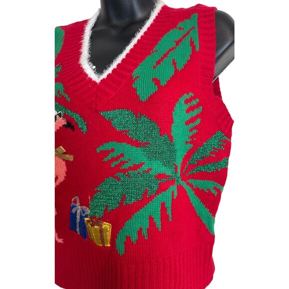 Major Label XS Red Christmas Flamingo Palm Tree Sweater Vest Holdiay Ugly EUC - Picture 3 of 10